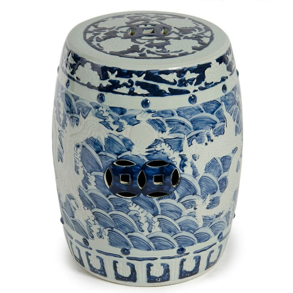 Blue & White Carved Dragon Garden Stool