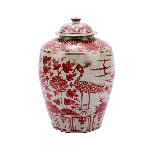 Coral Red Barn Porcelain Jar Bird Motif Large Vase