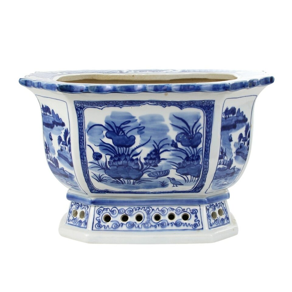 Blue And White Porcelain Octagonal Foot Bath Floral Brid By Legends Of Asia
