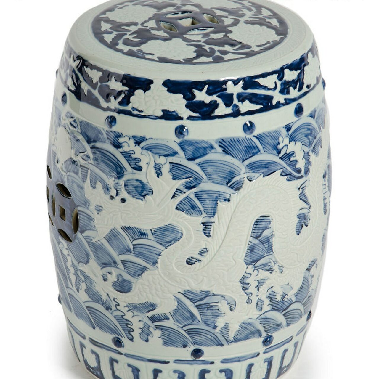 Blue & White Carved Dragon Garden Stool