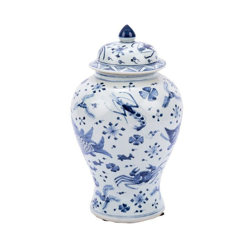 Blue and White Fish Shrimp & Crab Ginger Jar By Legends Of Asia