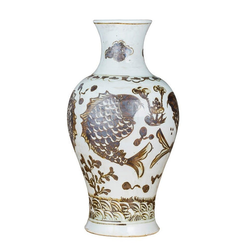 Rusty Brown Vase Fish Lotus Motif By Legends Of Asia