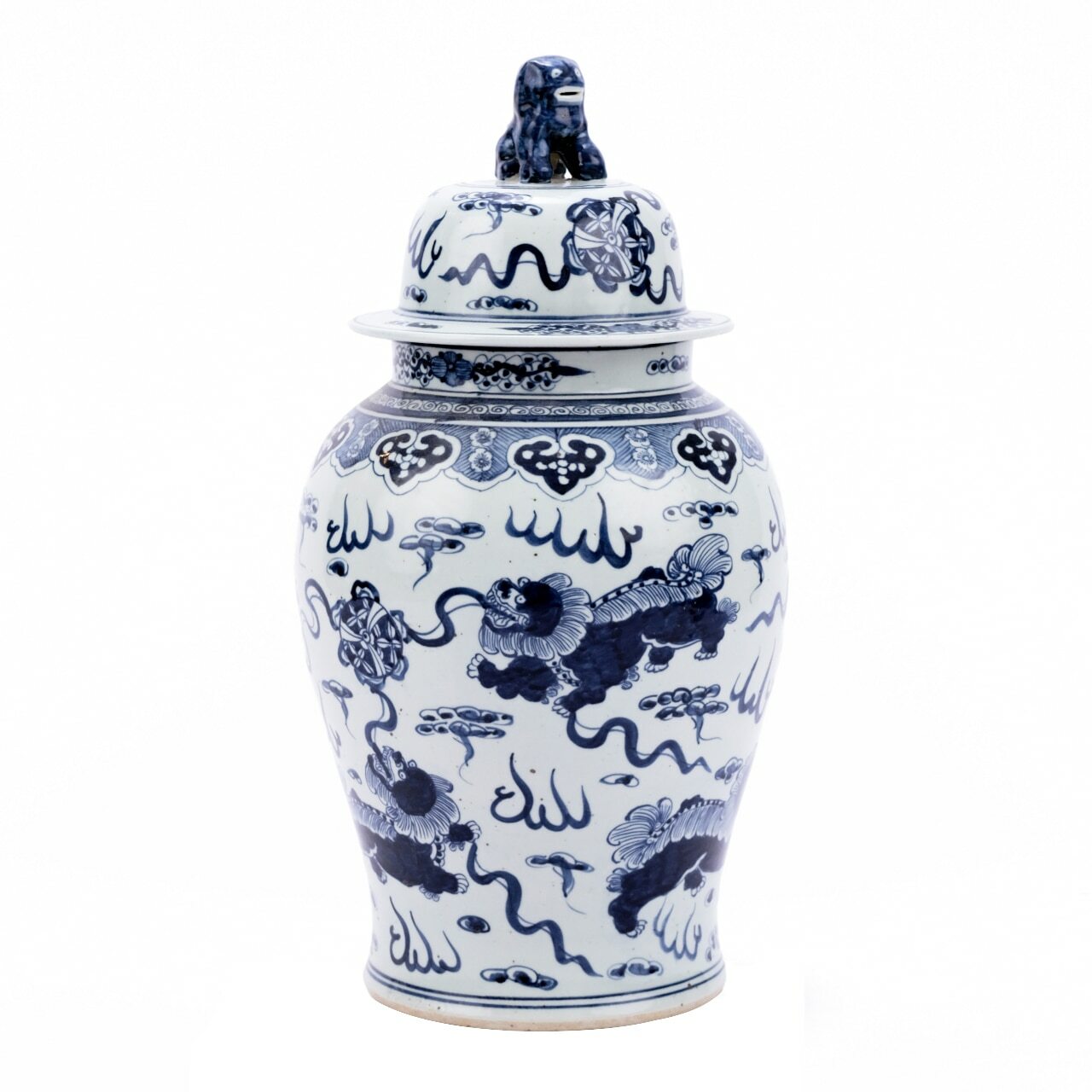 24" Foo Dog Temple Jar, Blue/White