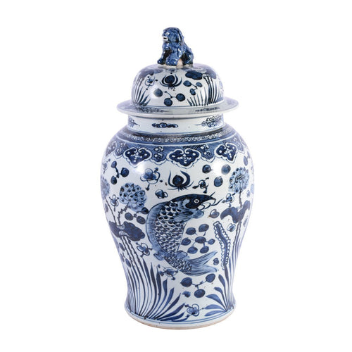 B&W Fish Temple Jar By Legends Of Asia