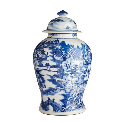 Blue And White Porcelain Temple Jar Mountain Village Scene