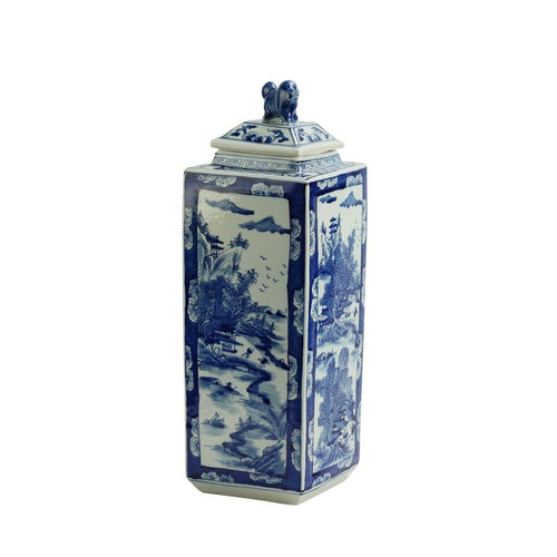 Blue And White Tall Square Jar Landscape By Legends Of Asia