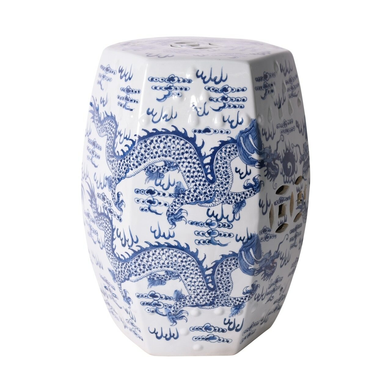 Blue & White Hex Fire Ball Dragon Garden Stool