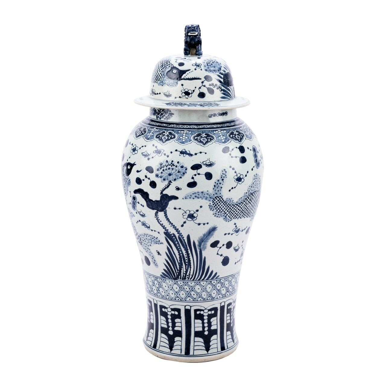 Legend of Asia Blue & White Fish Temple Lion Lid Porcelain Jar
