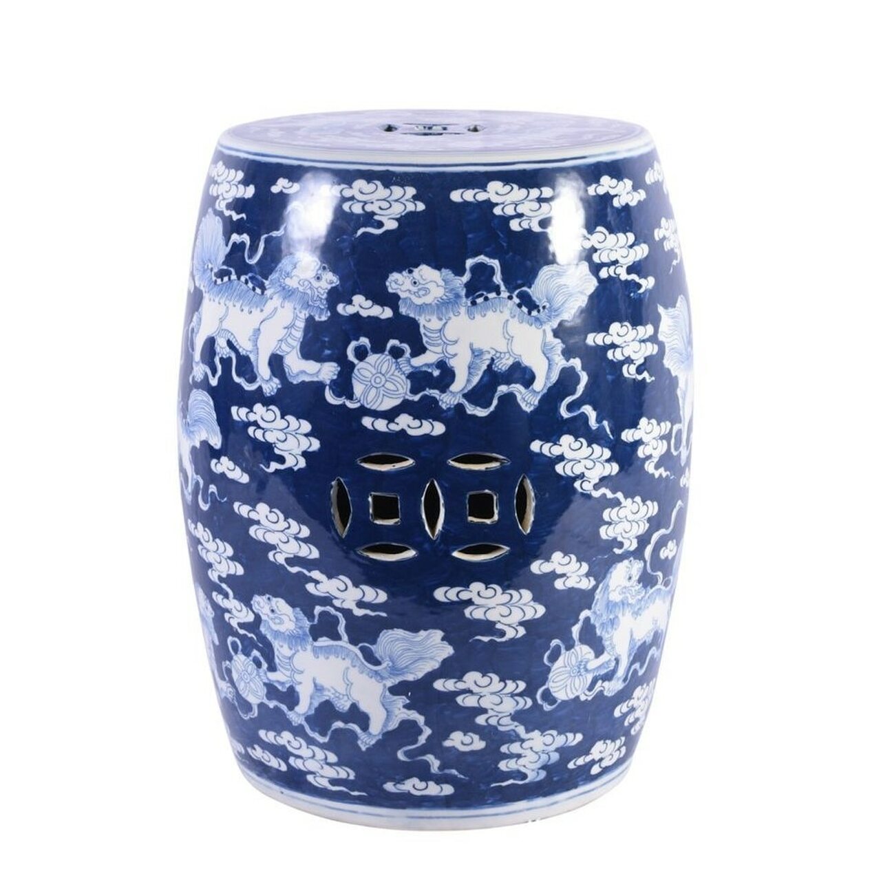 Blue Porcelain Garden Stool With White Lion Motif