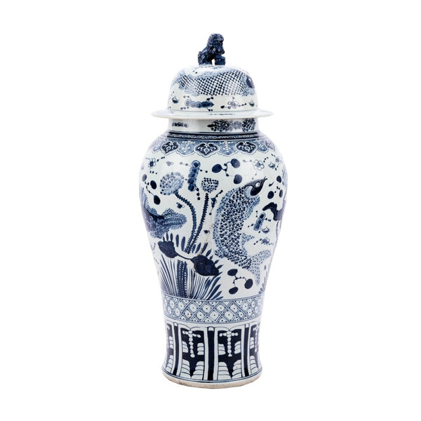 Legend of Asia Blue & White Fish Temple Lion Lid Porcelain Jar