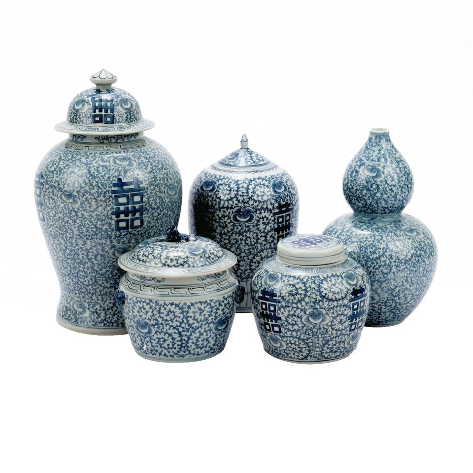 Blue and White Double Happiness Floral Temple Jar By Legends Of Asia
