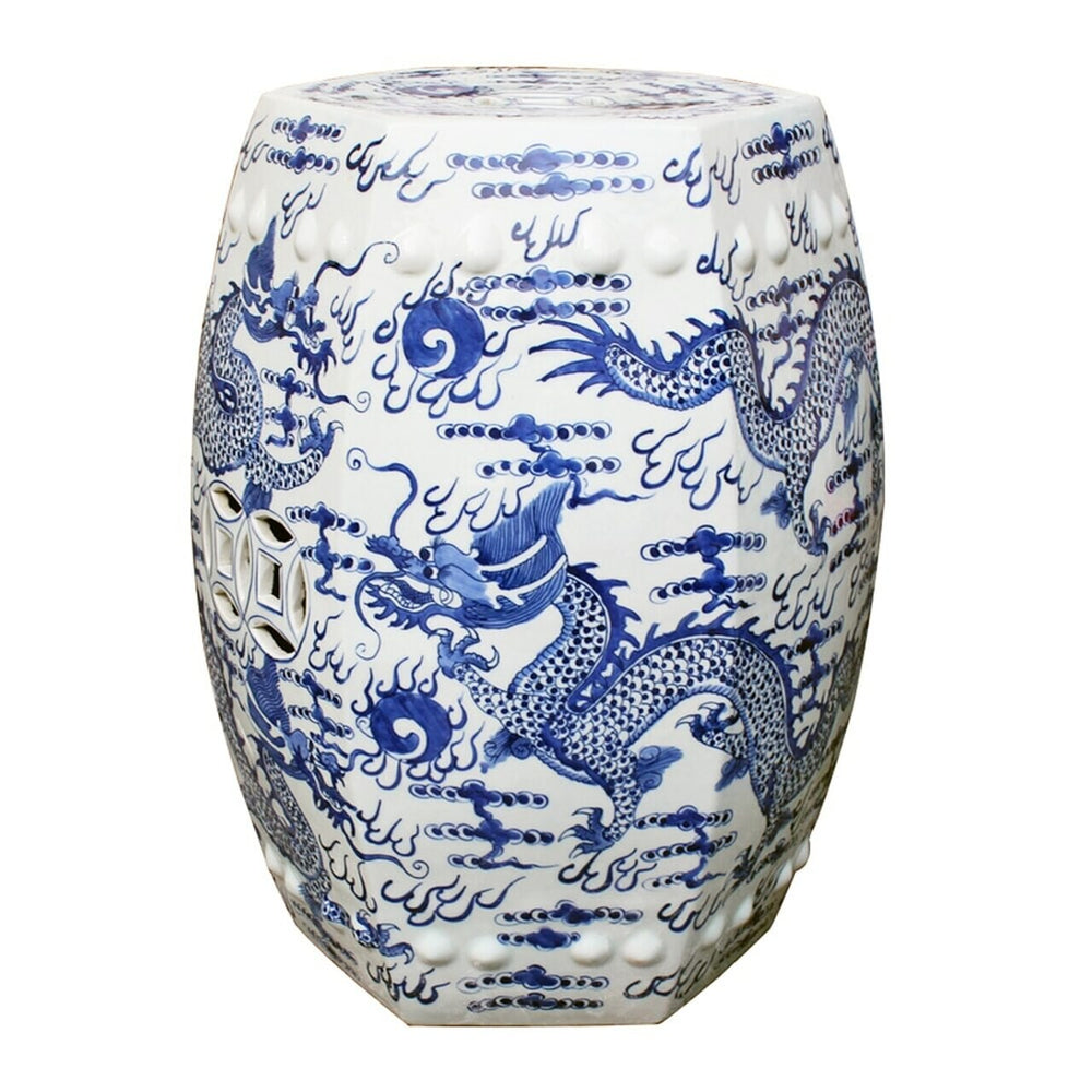 Blue & White Hex Fire Ball Dragon Garden Stool