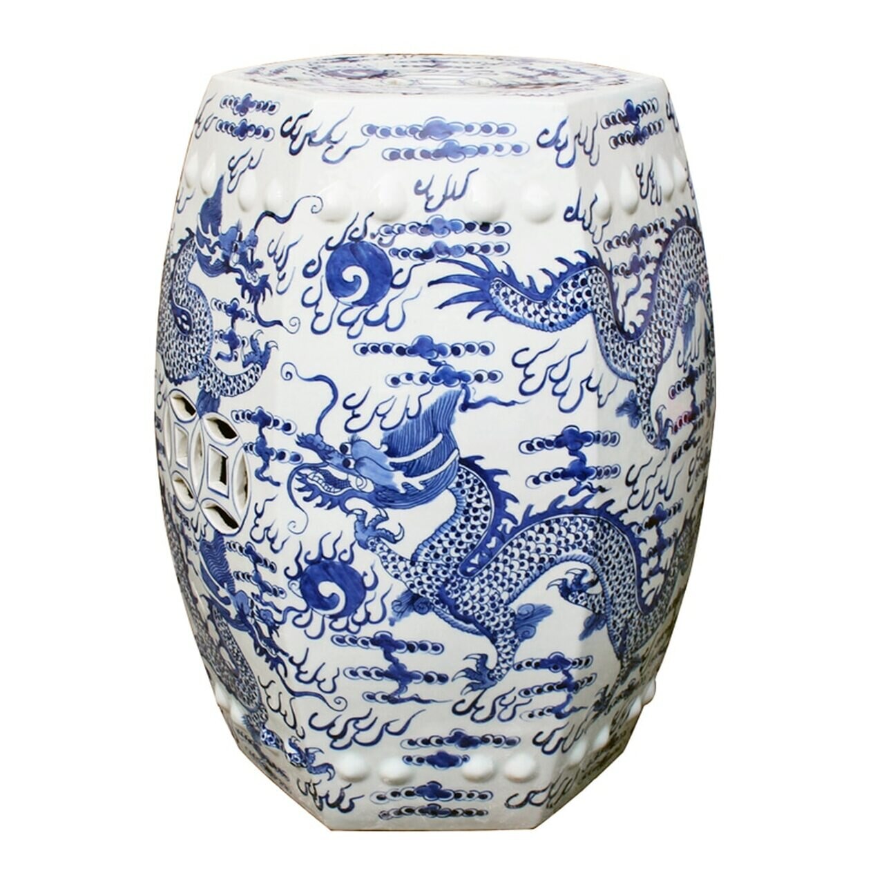 Blue & White Hex Fire Ball Dragon Garden Stool
