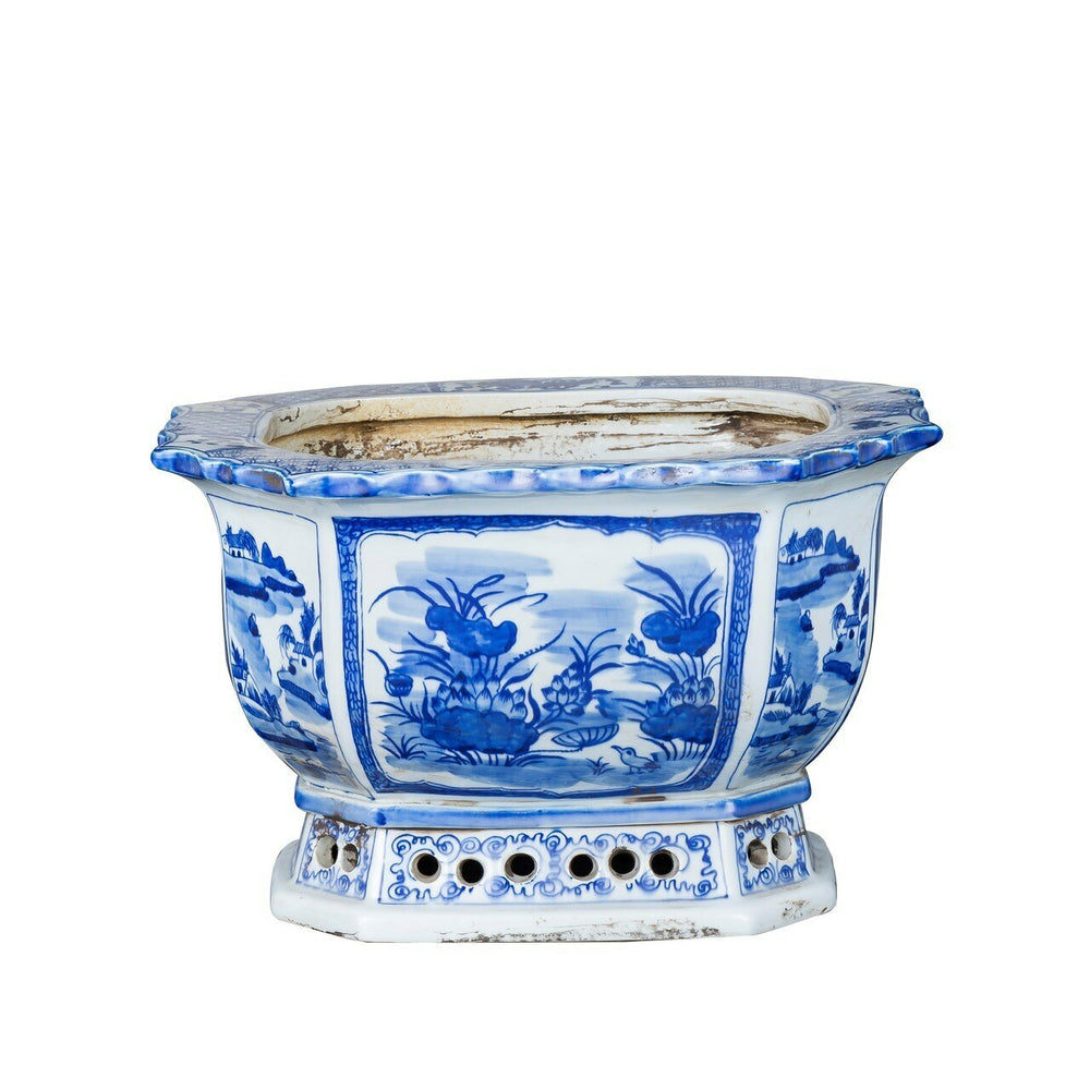 Blue And White Porcelain Octagonal Foot Bath Floral Brid By Legends Of Asia