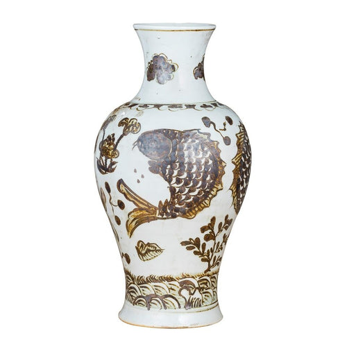 Rusty Brown Vase Fish Lotus Motif By Legends Of Asia