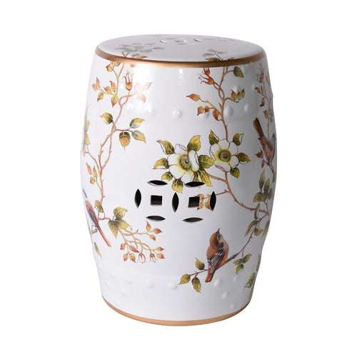 Cream White Garden Stool With Flower and Birds, Legend of Asia