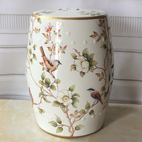 Cream White Garden Stool With Flower and Birds, Legend of Asia