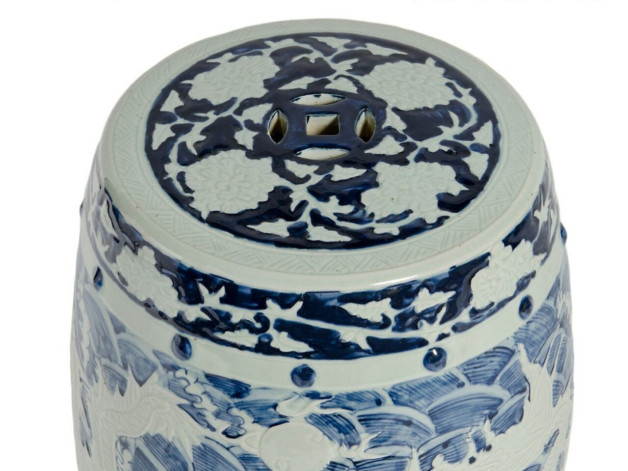 Blue & White Carved Dragon Garden Stool