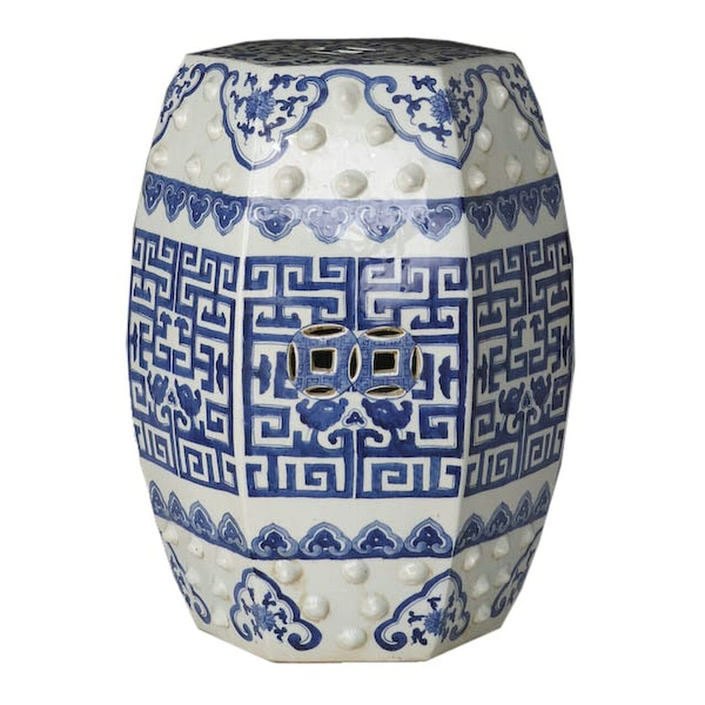 Blue & White Hex Geometric Garden Stool
