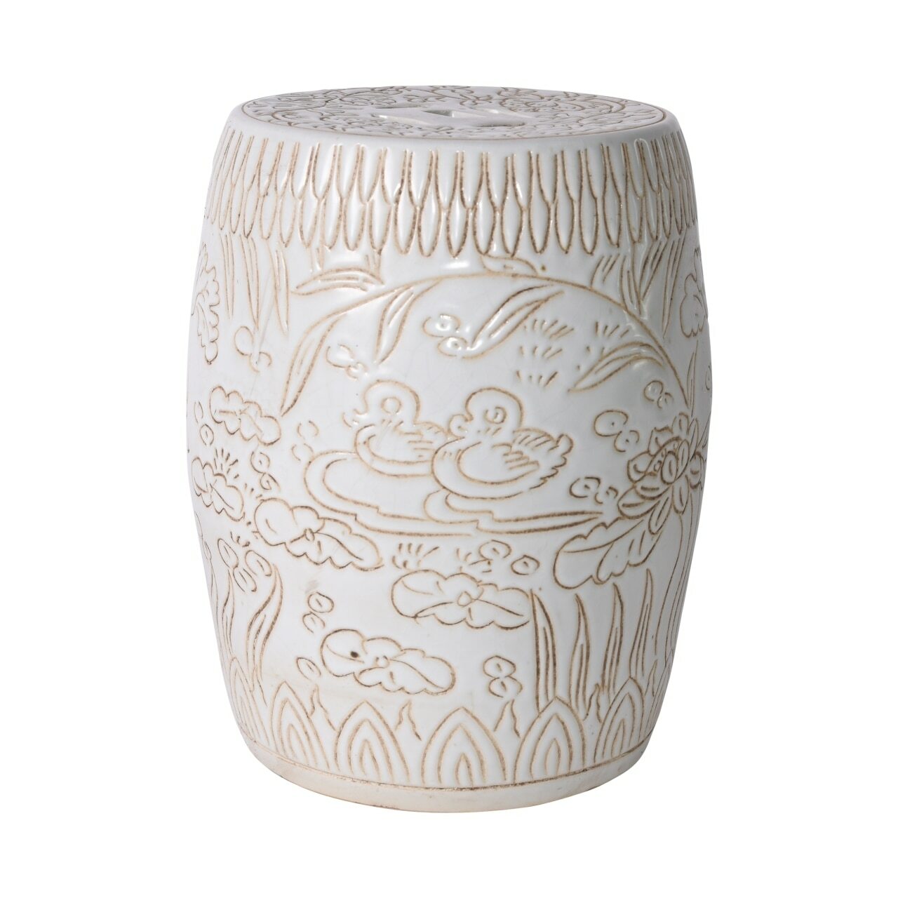 Matte White Carved Mandarin Duck Garden Stool
