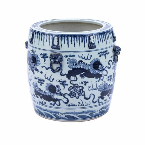 Blue & White Lion Drum Shaped Planter By Legends Of Asia