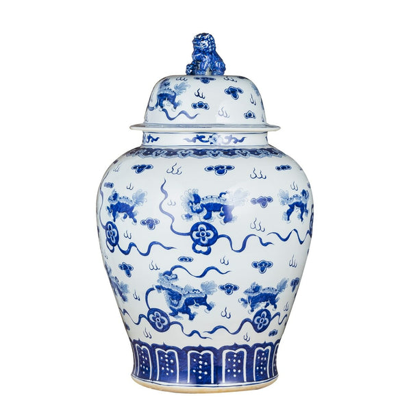 Blue & White Playing Foo Dog Porcelain Temple Jar Lion Lid XL, Legend of AsiaB
