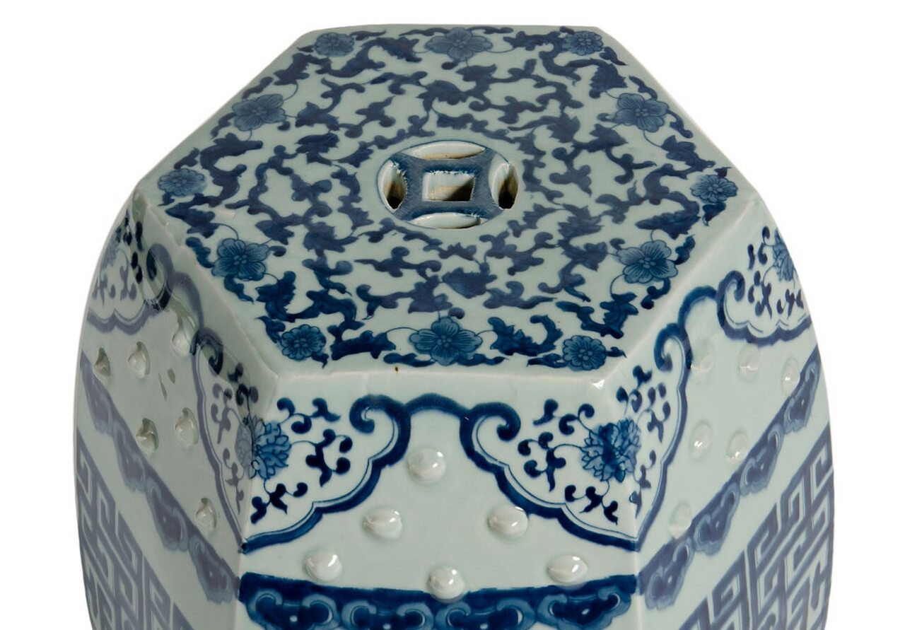 Blue & White Hex Geometric Garden Stool
