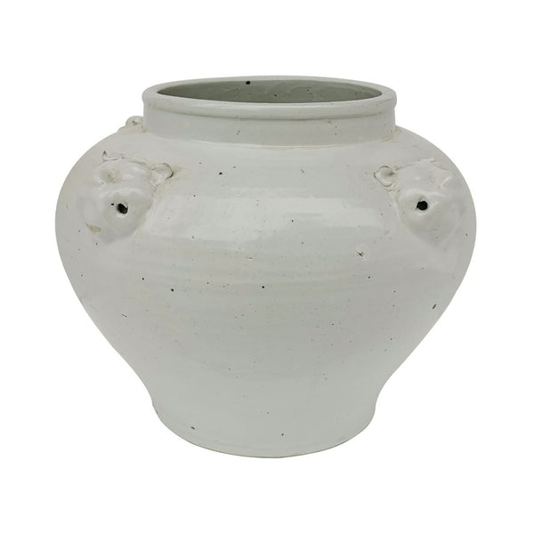 Four Lion Head Handle Jar White Crackle By Legends Of Asia
