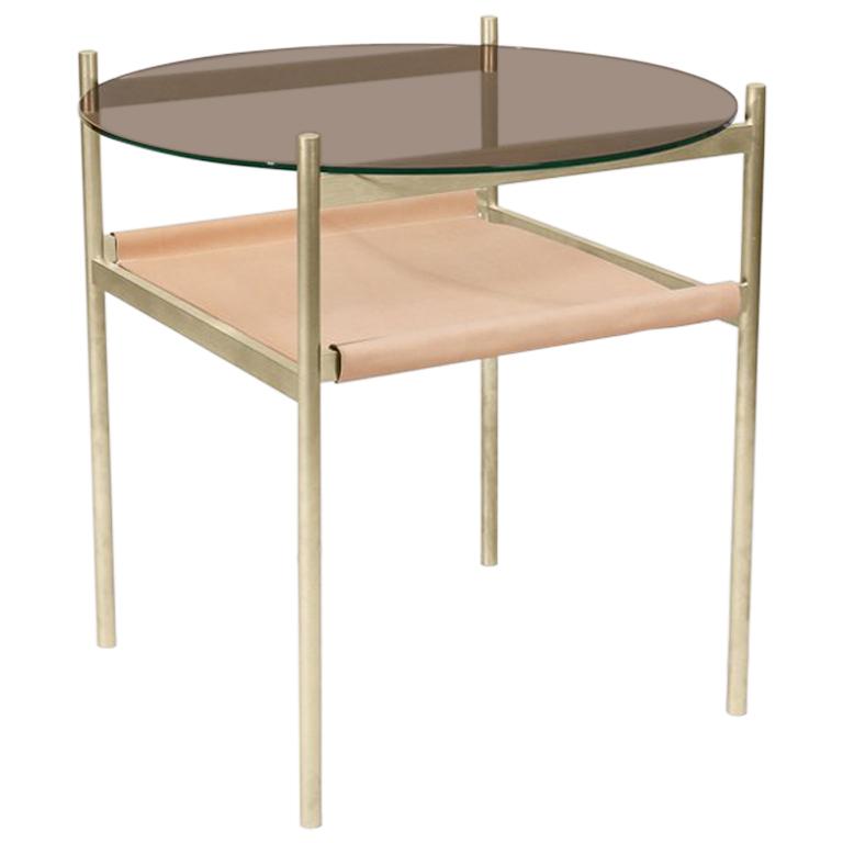 Duotone Circular Side Table,  Natural Leather & Brass