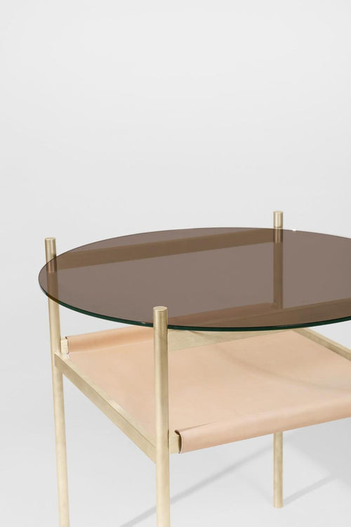 Duotone Circular Side Table,  Natural Leather & Brass