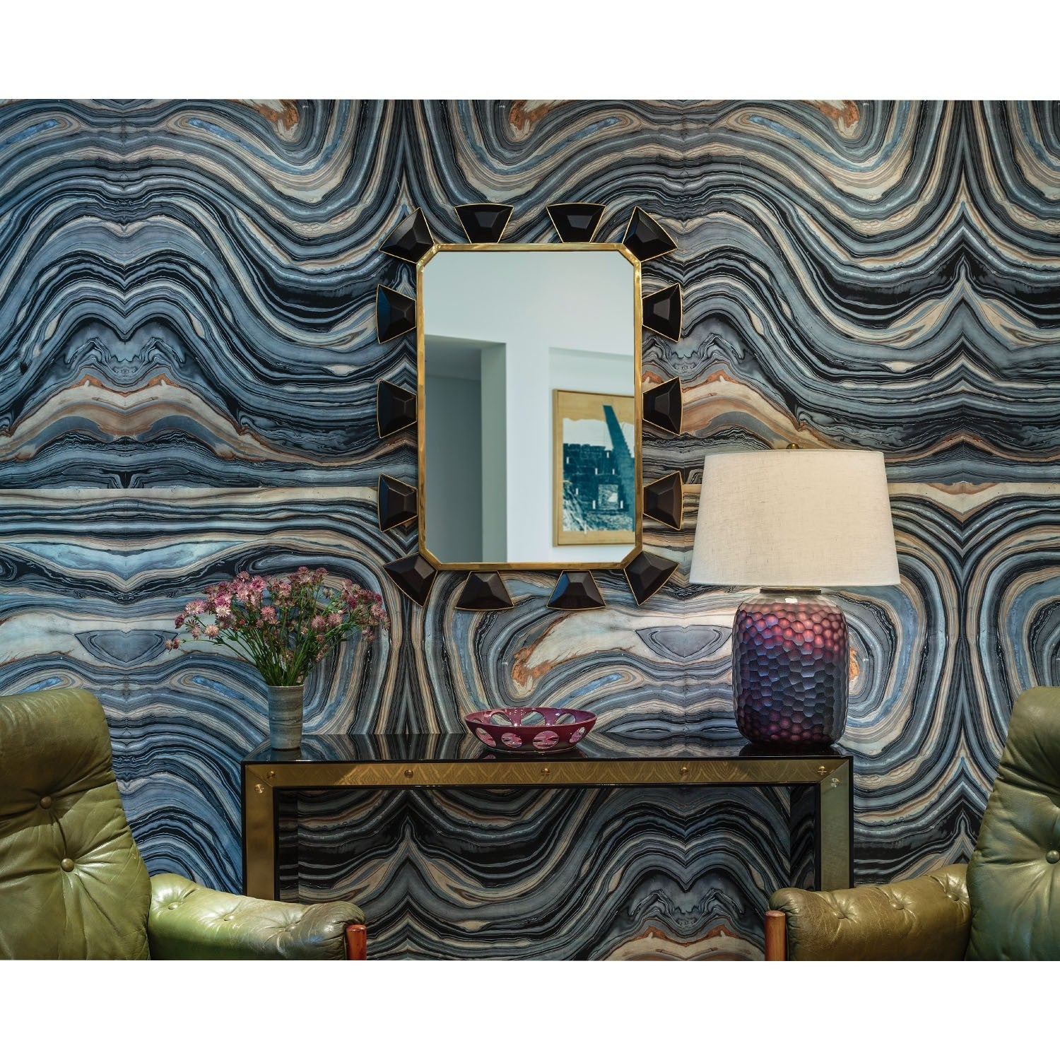 Celerie Kemble Black Leather & Burnished Brass Mirror