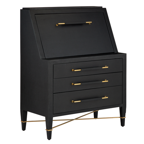 Currey & Company 36" Verona Black Laquered Linen Secretary Desk