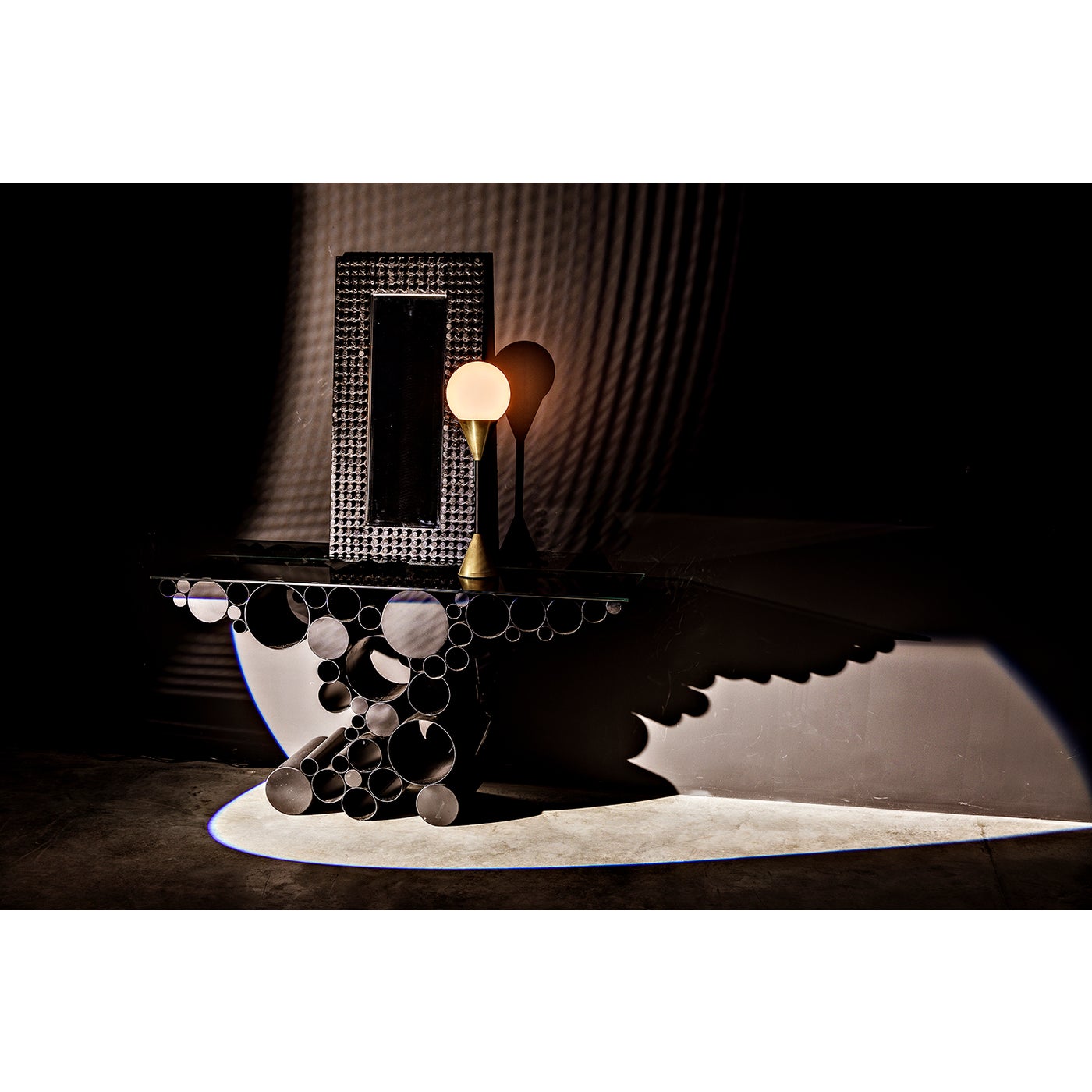 Noir Paradox Console, Black Steel With Glass Top