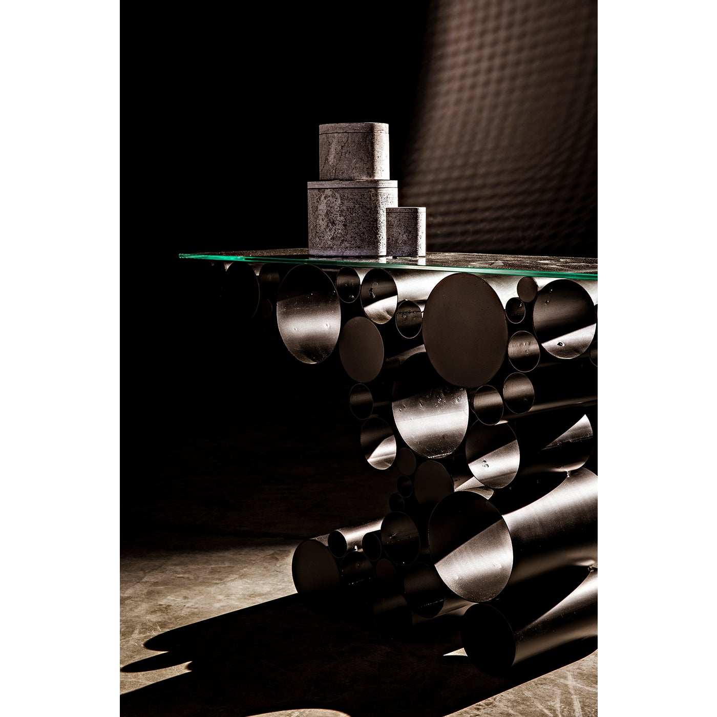 Noir Paradox Console, Black Steel With Glass Top