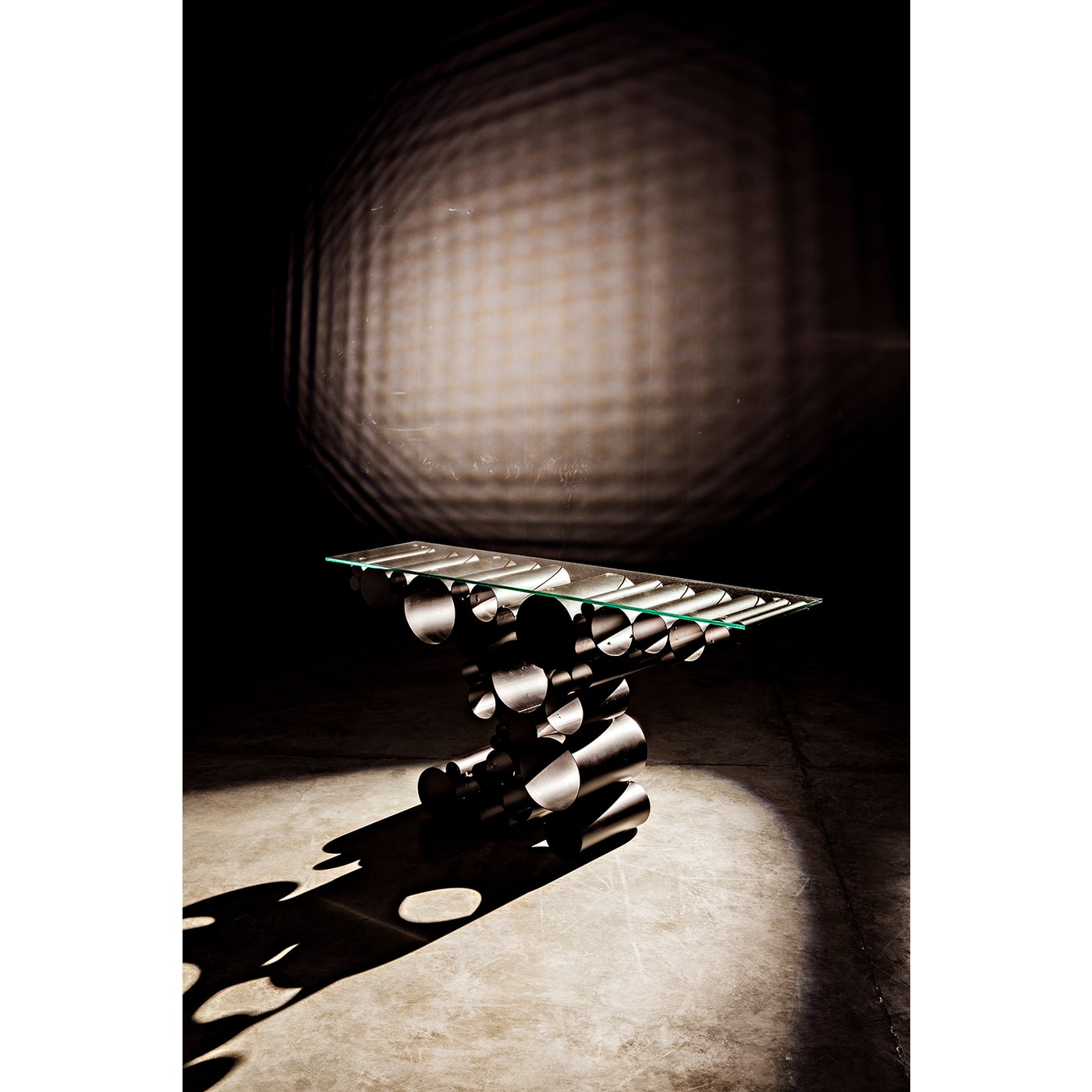 Noir Paradox Console, Black Steel With Glass Top