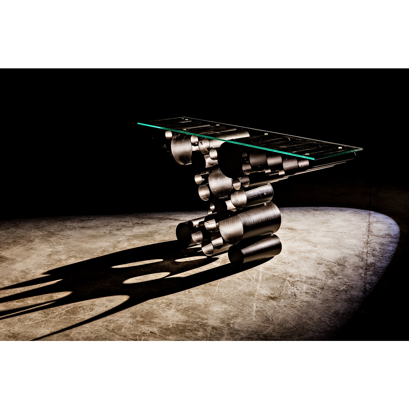 Noir Paradox Console, Black Steel With Glass Top