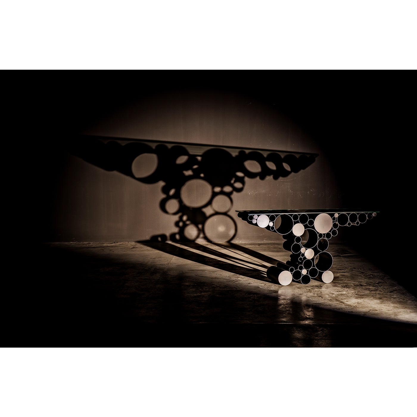 Noir Paradox Console, Black Steel With Glass Top