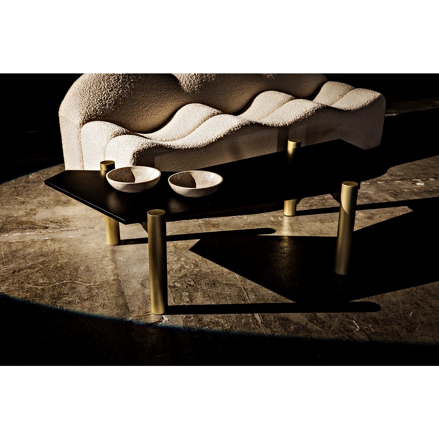Noir Tabu Coffee Table, Brass Finished Legs With Ebony Walnut Top