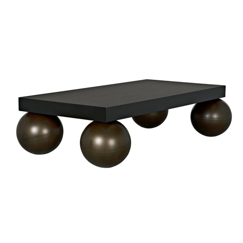 Noir Cosmo Coffee Table, Black Metal With Aged Brass Finish Legs