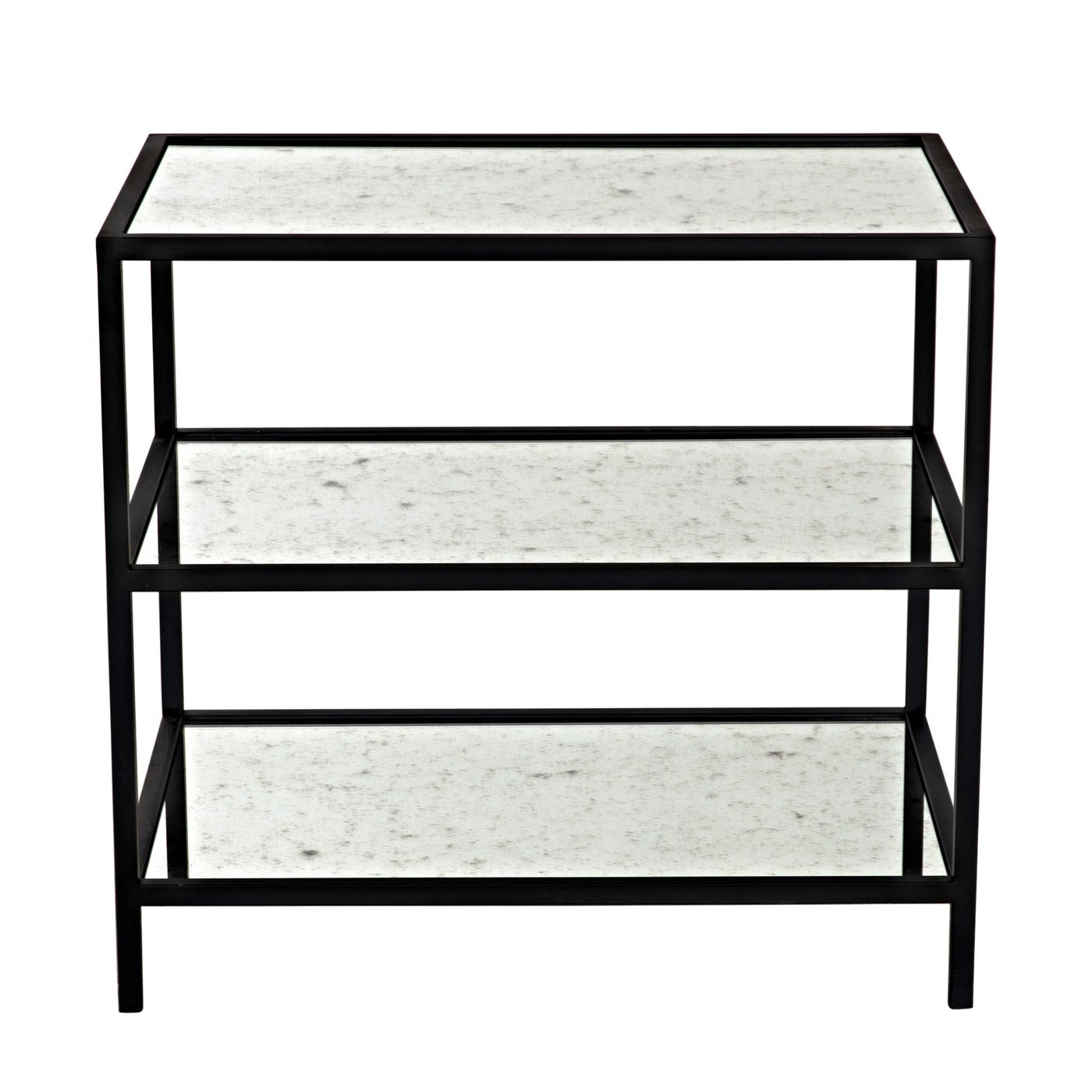 Noir 3 Tier Side Table With Antiqued Mirror, Black Steel