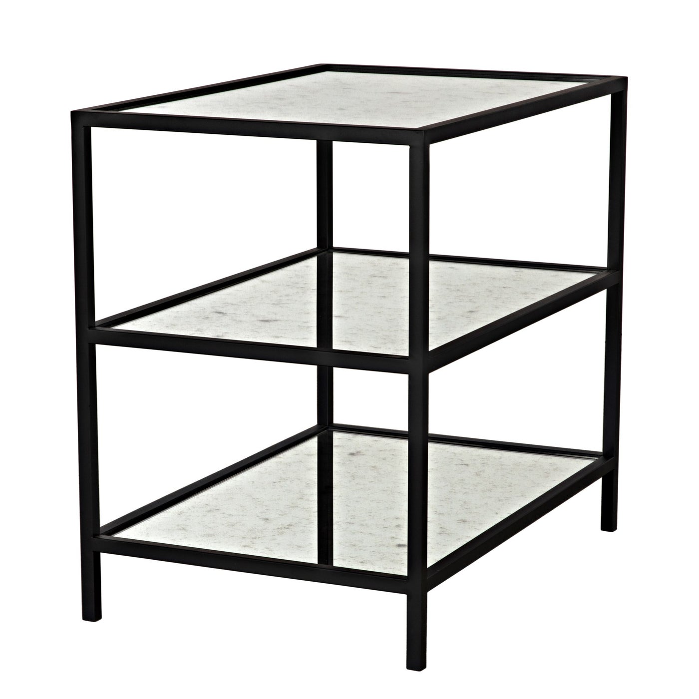 Noir 3 Tier Side Table With Antiqued Mirror, Black Steel