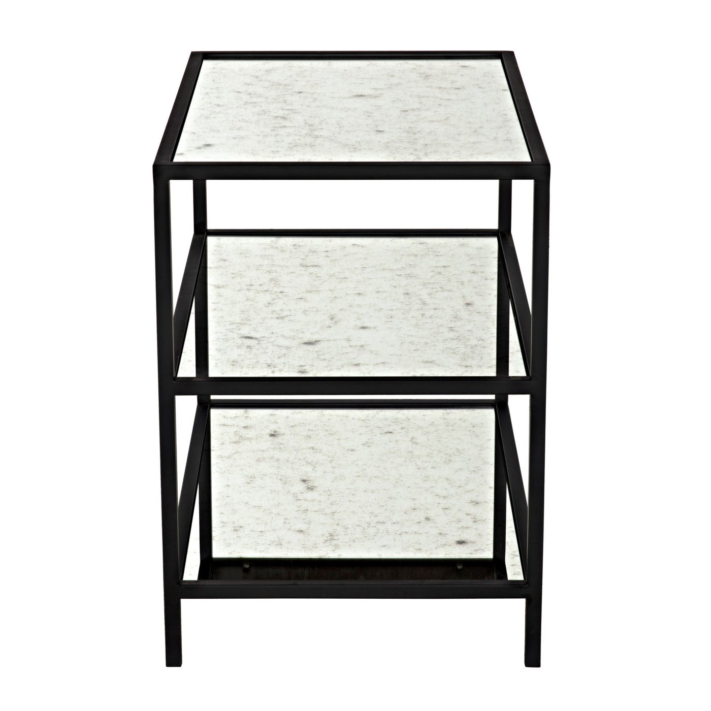 Noir 3 Tier Side Table With Antiqued Mirror, Black Steel