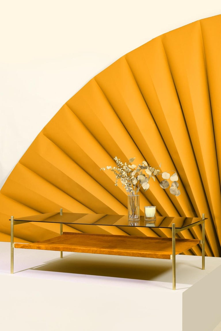 Duotone Rectangular Coffee Table,  Brass & Suede