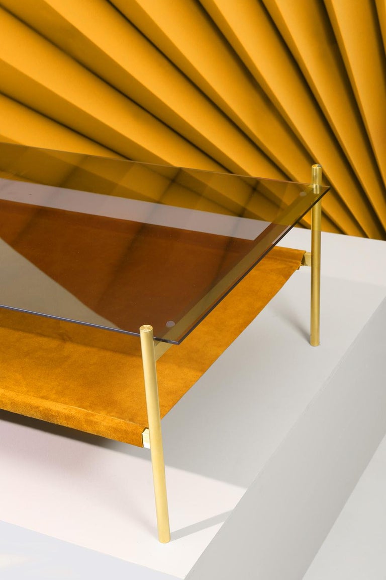 Duotone Rectangular Coffee Table,  Brass & Suede
