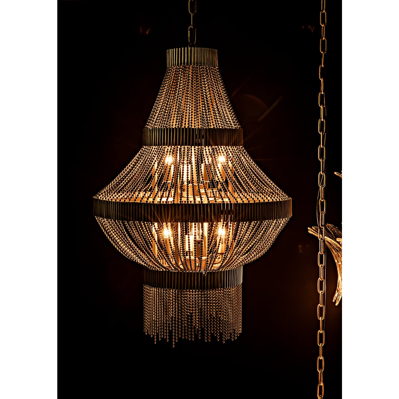 Noir Domo Chandelier, Steel And Metal Beads With Brass Finish