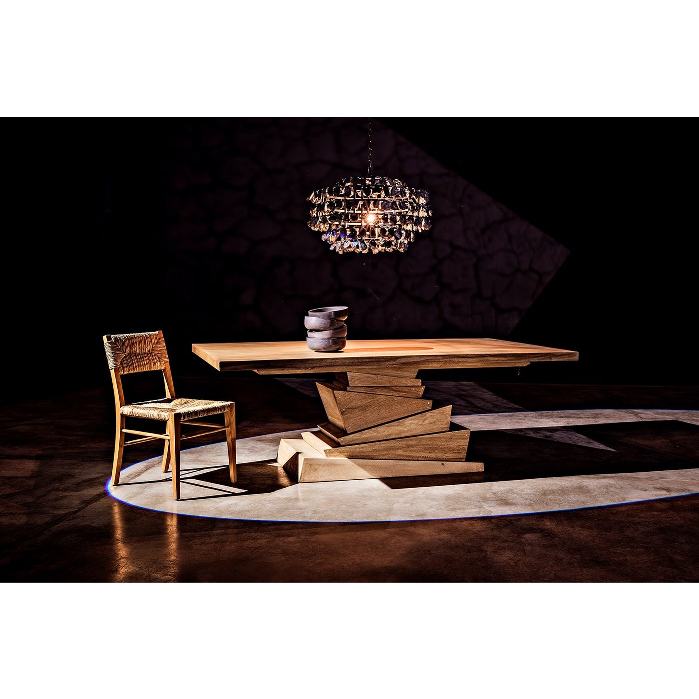 Noir Vulcan Chandelier, Black Steel With Black Glass