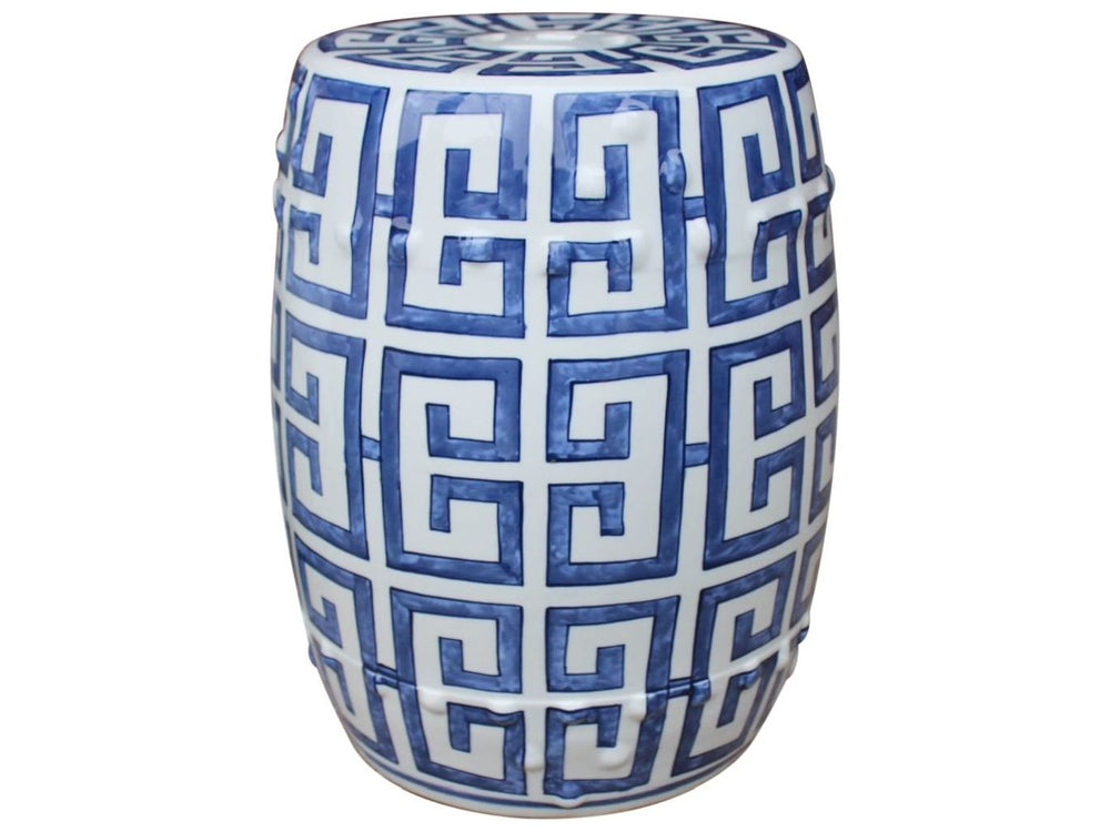 Blue and White Greek Key Porcelain Garden Stool Blue