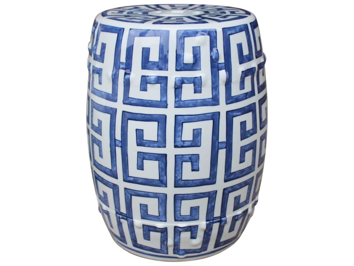 Blue and White Greek Key Porcelain Garden Stool Blue