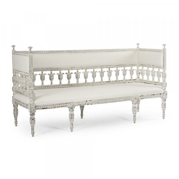 Zentique Isabel Bench Distressed Off White Frame, White Linen