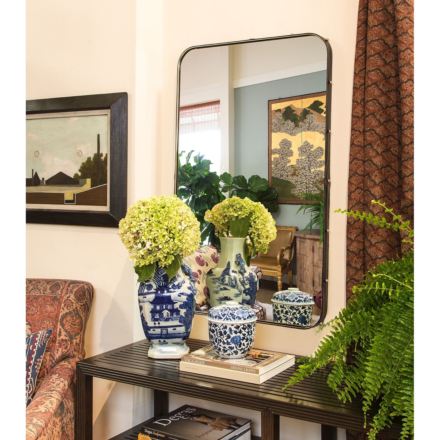 Michael S. Smith Navy Blue Leather Stud Wall Mirror